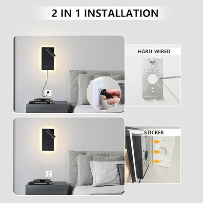 LED Wall Mounted Reading Lights for Books in Bed, Plug in Wall Sconce with USB C+A Ports & 3 Brightness Dimmable, Black Wall Lamps for Bedroom, Headboard Bedside Lamp with 9W+3W Night Light (2 pack)