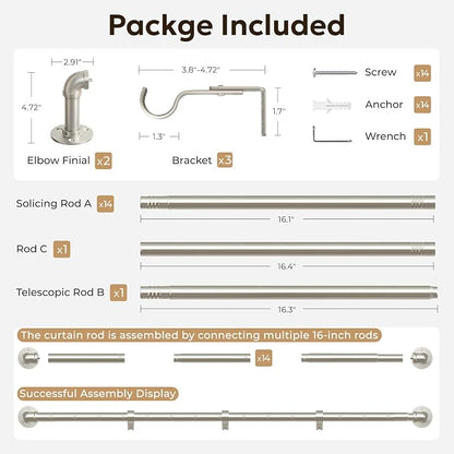 Zeerobee Curtain Rods for Windows 120 to 240, 1 Inch Industrial Wrap Around Brushed Nickel Curtain Rod, Indoor/Outdoor Room Divider Adjustable Drapery Pole, 120"-240"