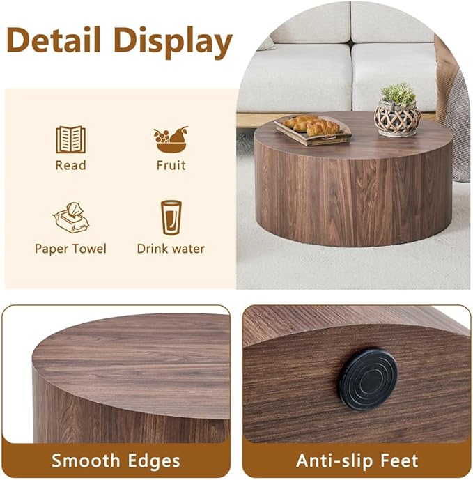 Round Coffee Table, 23.6" Modern Wood Drum Coffee Table, Round Accent Center