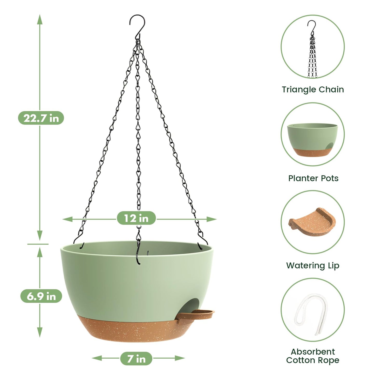2 Pack 12 Hanging Flower Pots with Chains Self Watering Plastic Planters for Indoor Outdoor Plants, Sturdy Triangular Iron Chain Design for Garden PorchPlastic hanging flower pots (2, Green Brown)