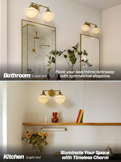 Vintage 2-Lights Wall Sconce Lights Brass Gold Bathroom Vanity Light with Milk Glass Double Sconce Wall Mounted Lamp for Bedroom Living Room Bathroom Mirror Kitchen Hallway Hardwire