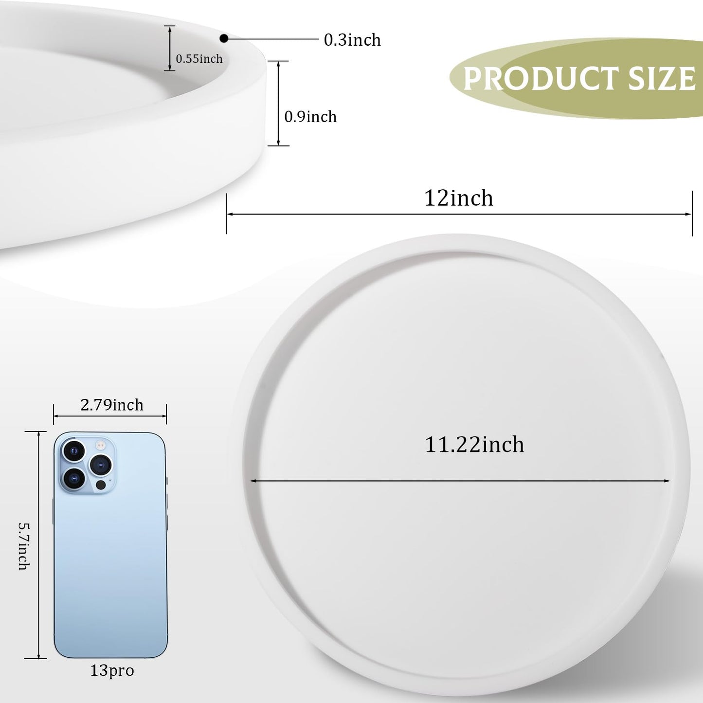 Silicone Bathroom Tray Round Vanity Tray Decorative Soap Holder Kitchen Countertop Organizer Coffee Table Decor for Candle, Perfume, Plant, 12 Inch, White