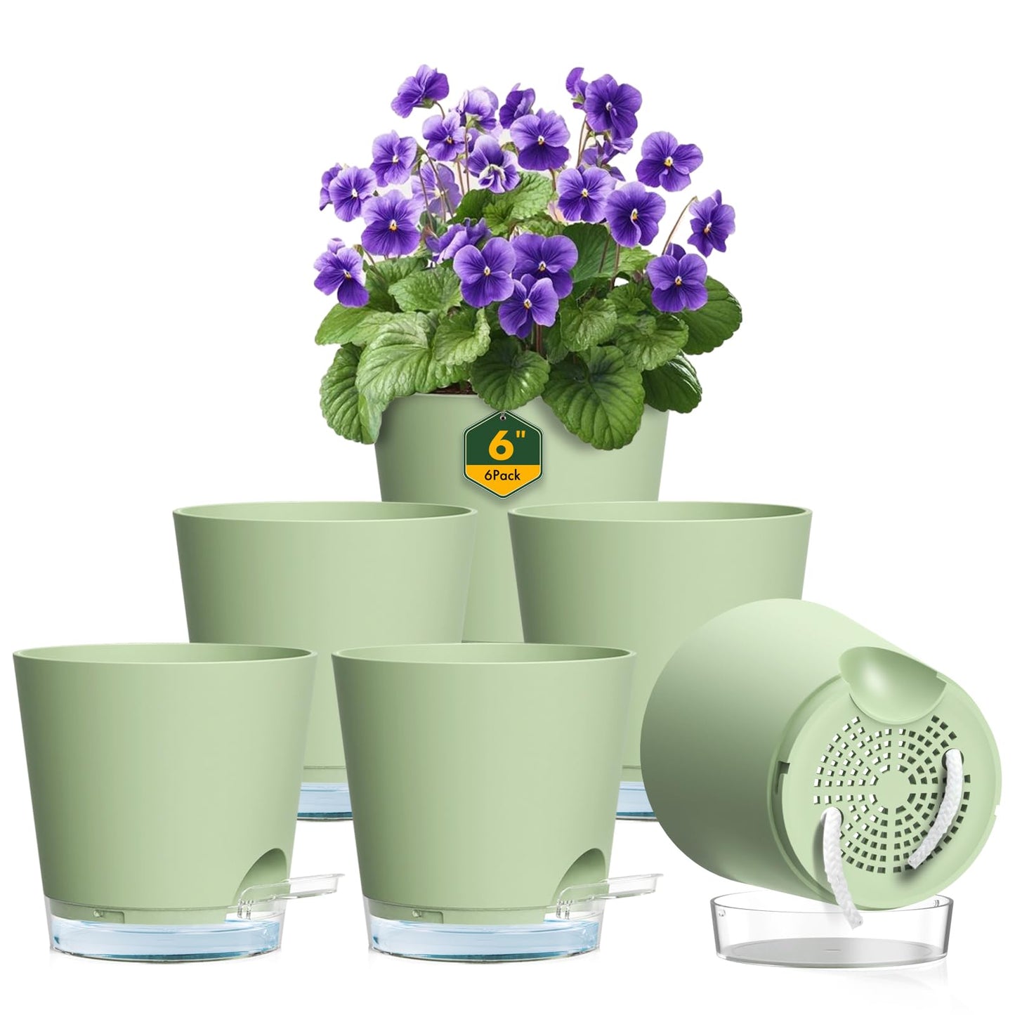 Meowell 6 inch Self Watering Pots for Indoor Outdoor Plants, 6 Pack Flower Plant Pots with Drainage Holes and Clear Reservoirs, Visible Water Level, Plastic Planters with Wicking Rope, Green