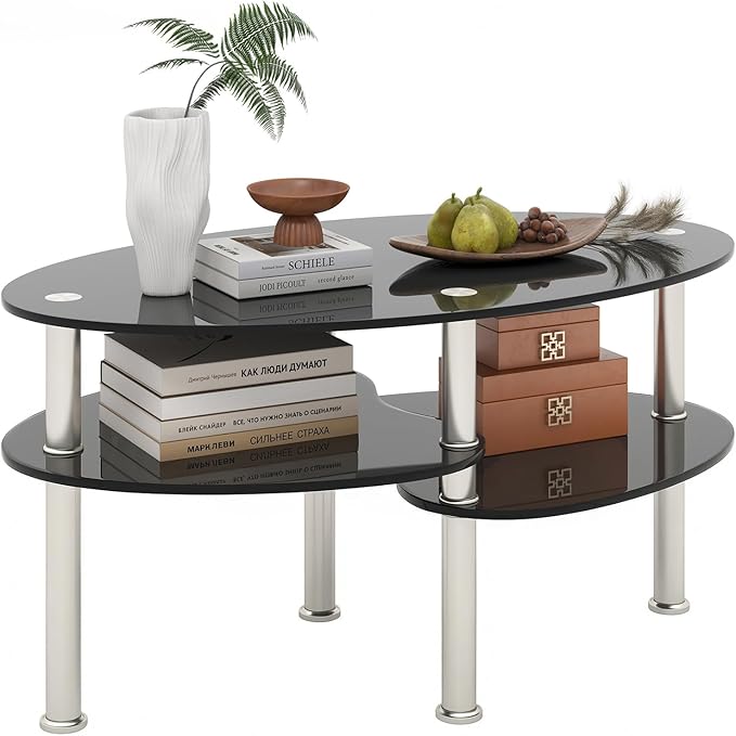 Tangkula Glass Coffee Table, 2-Tier Modern Oval Smooth Glass Tea Table End Table