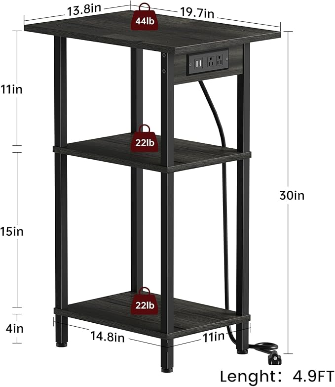 Asgolion Tall End Table with Charging Station, Skinny Nightstand with USB Ports