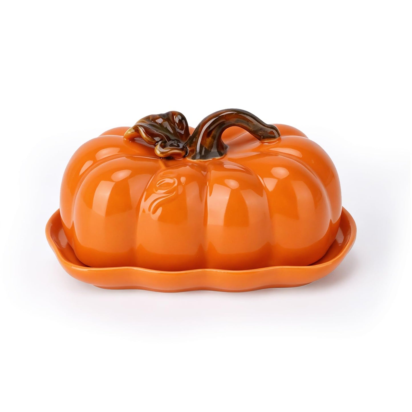 FTNESGYM Butter Dish with Lid for Countertop, Ceramic Cute Pumpkin Butter Container, Serving Tray with Cover, Decor Dinnerware for Halloween Thanksgiving Pumpkin Party (Orange)