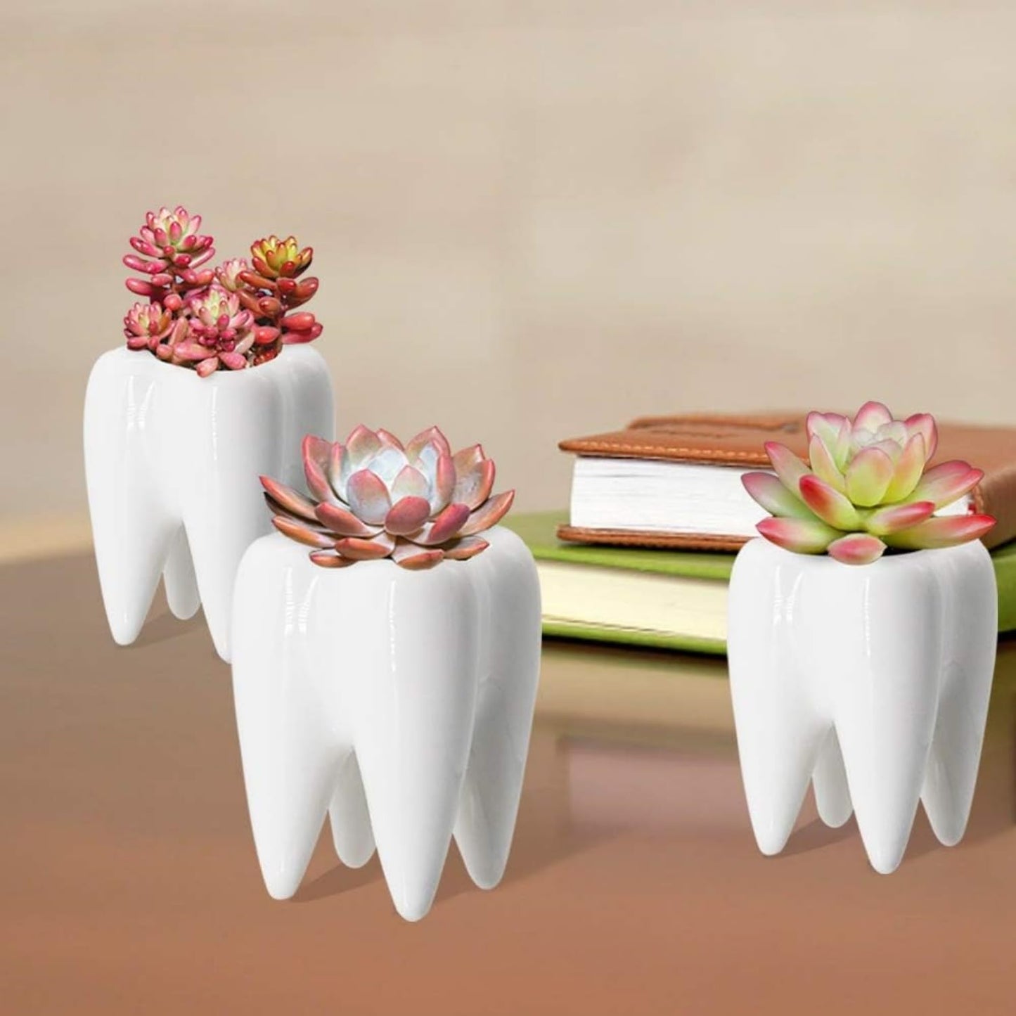 LECMACY Cute Tooth Shaped White Ceramic Planter Pots Flower Plant Containers, Mini Ceramic Succulent Planter Pots, Creative Pen Pencil Holder for Office Home Desk Decor, Plants Not Included (6 Pcs)