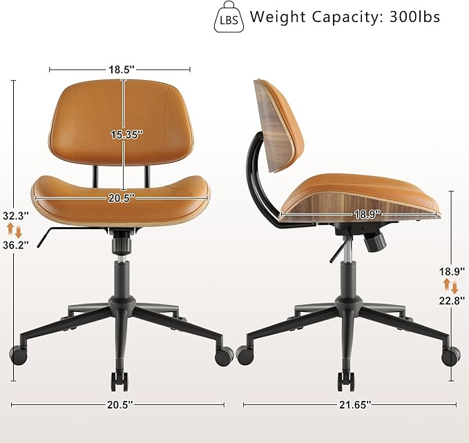 Armless Office Chair with Wheels, PU Leather Adjustable Height Desk Chair