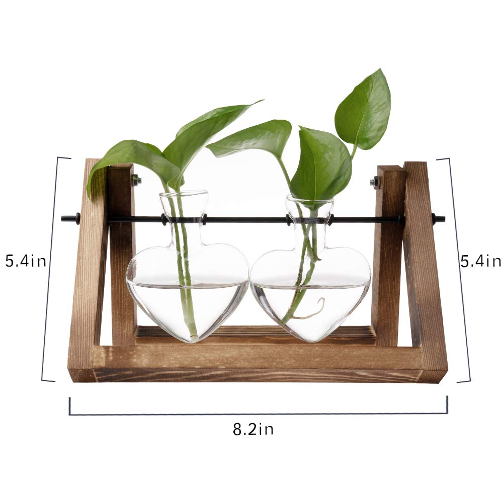 Kingbuy Glass Desktop Planter with Retro Wooden Stand and Plant Terrarium Vase (2 Hearts) for Indoor Home Office Desk Decor Accessories