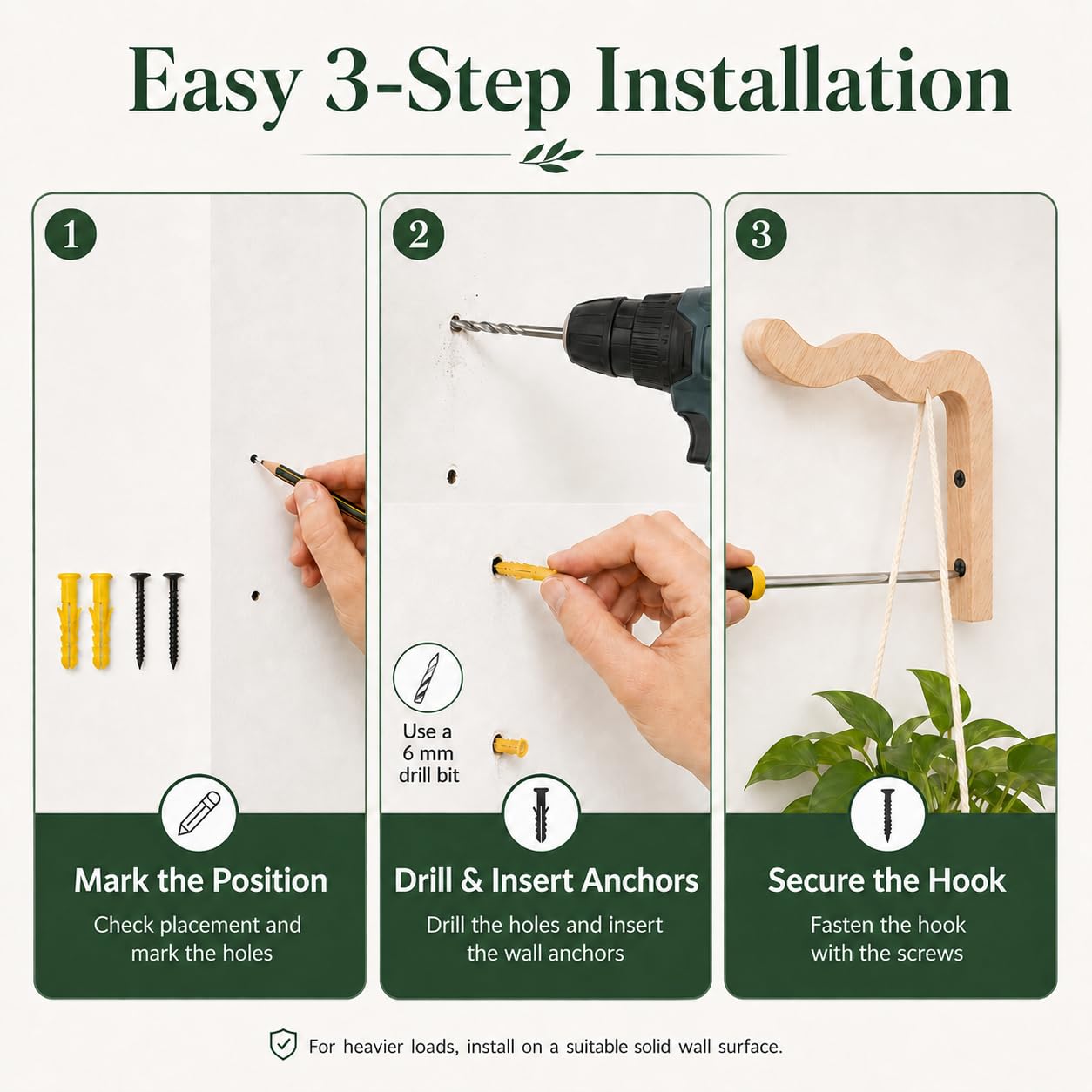FGSAEOR Wood Plant Hangers Wave-Shaped for Outdoor, Wall Mount Hanging Plant Hooks Heavy Duty Indoor Outdoor Hooks for Flower Pots, Wind Chimes, Bird Feeders, 2 Pack (Solid Beech Wood)