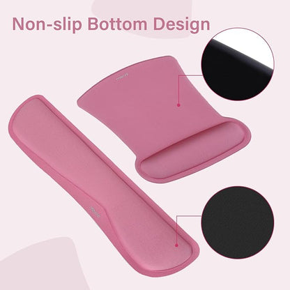 MOSISO Keyboard Mouse Pad Set, Large Gaming Mousepad&Keyboard Wrist Rest&Mouse Wrist Rest&Coaster, Ergonomic Non-Slip Mousepad&Easy Typing Cushion with Memory Foam for Home Office, Rose Red