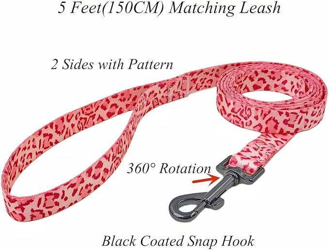 Dog Collar Leash Set, Leopard Pattern, Polyester Material, Adjustable Collar and 5ft Matching Leash, for Large Dogs.(L, Pink Leopard)