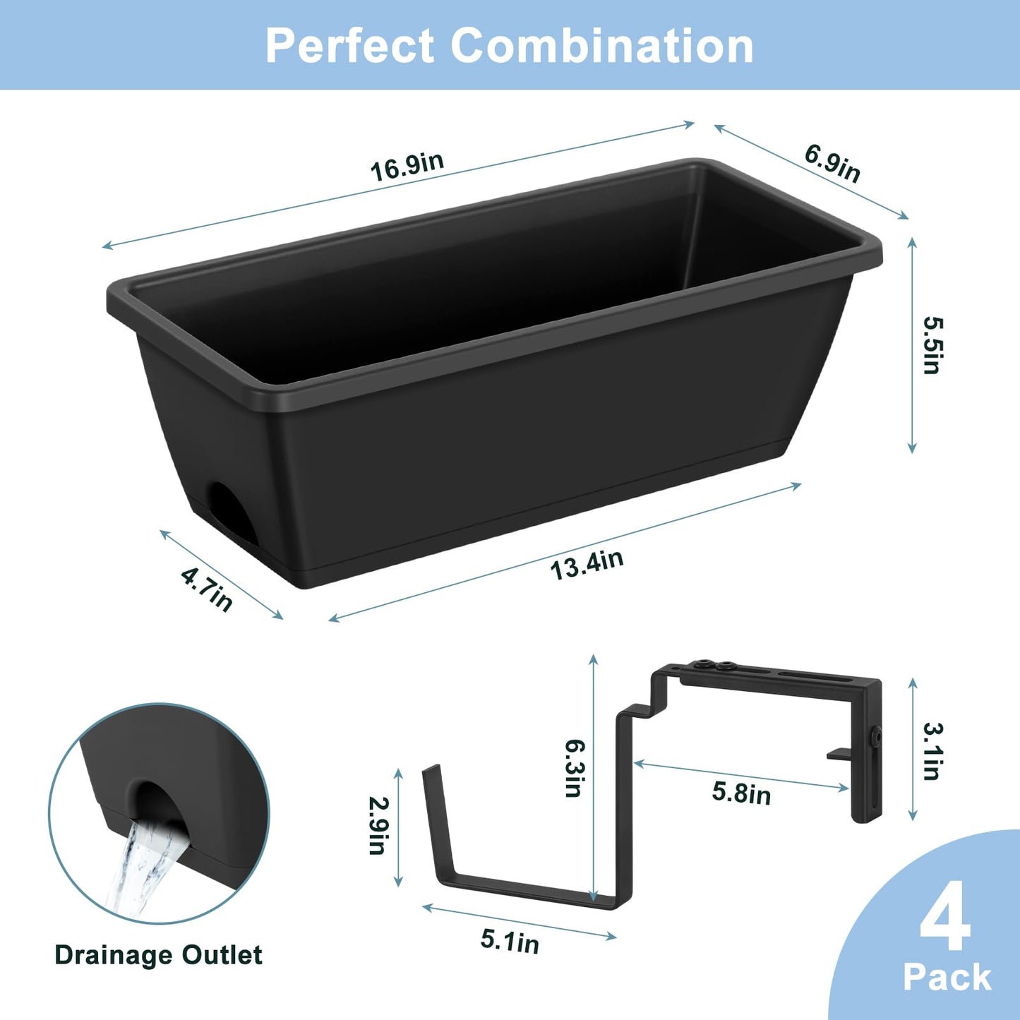 4 Pack Window Boxes Planters 17’’ Railing Planter Box with Adjustable Brackets, Deck Railing Hanging Flower Pots Rectangular Herb Planter for Outdoor Fence Garden, Balcony Decor