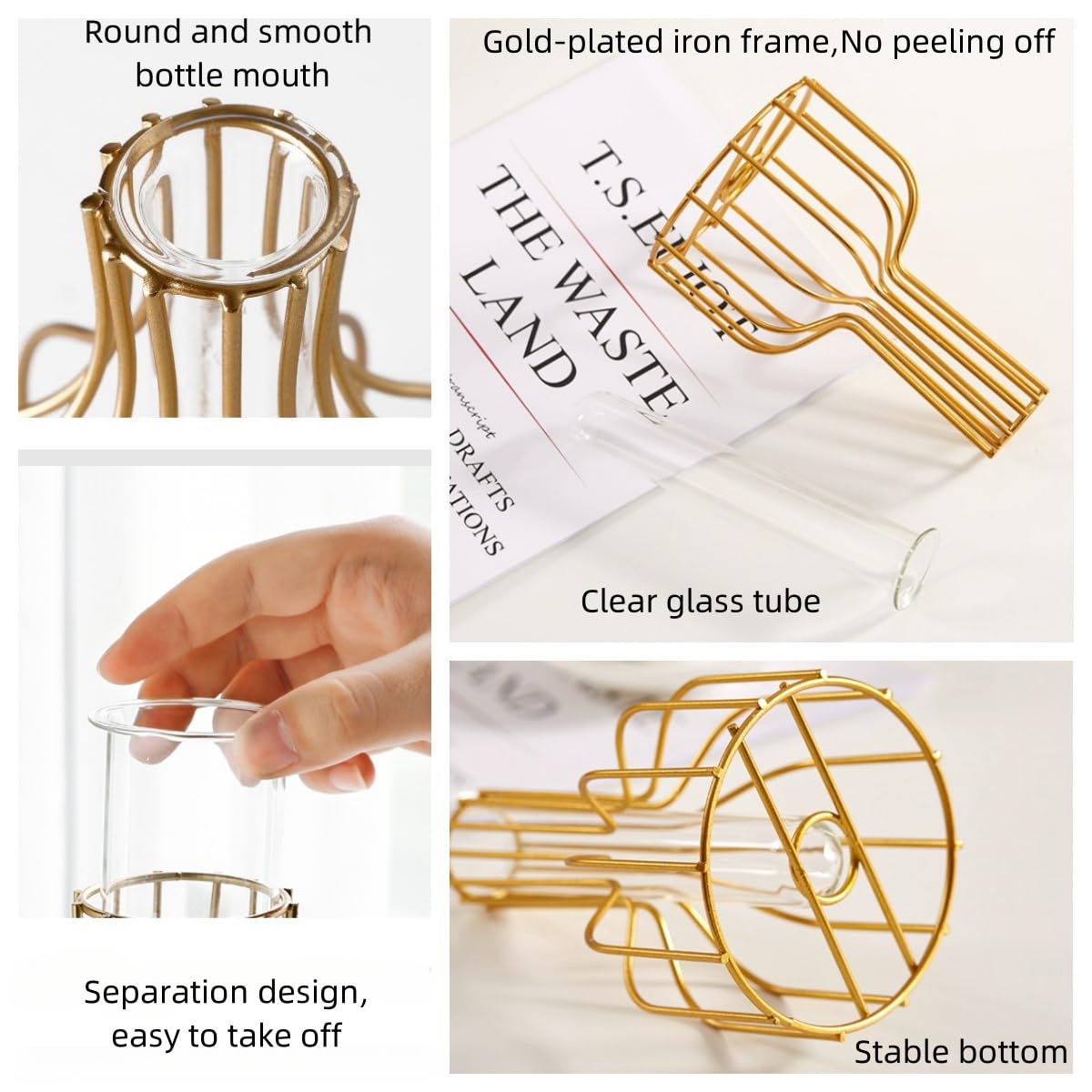 Ivymei 2 Pack Table Flower Vase,Gold Geometric Metal Frame Clear Glass Tube Bud Vase Hydroponic Plants,Gold Vase Decorative for Flower,Weddings,Centerpiece,Party,Home(Gold 8)