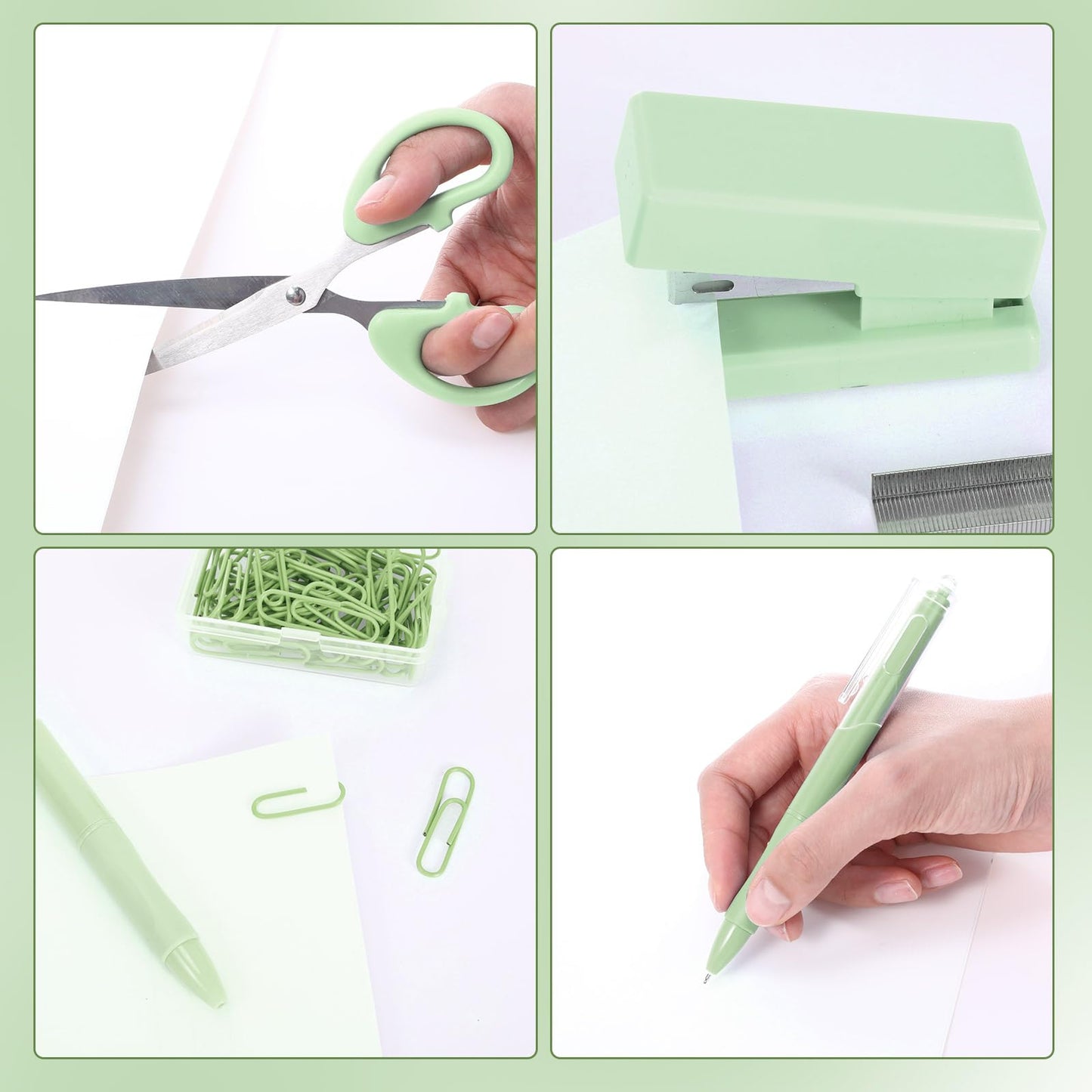 Humyoun Mini Green Office Supplies Kit Green School Supplies Christmas Gift Desk Accessories with Gel Pens Sticky Notes Stapler Scissor Paper Clips Index Tabs Box Cutter for Christmas Gifts Office