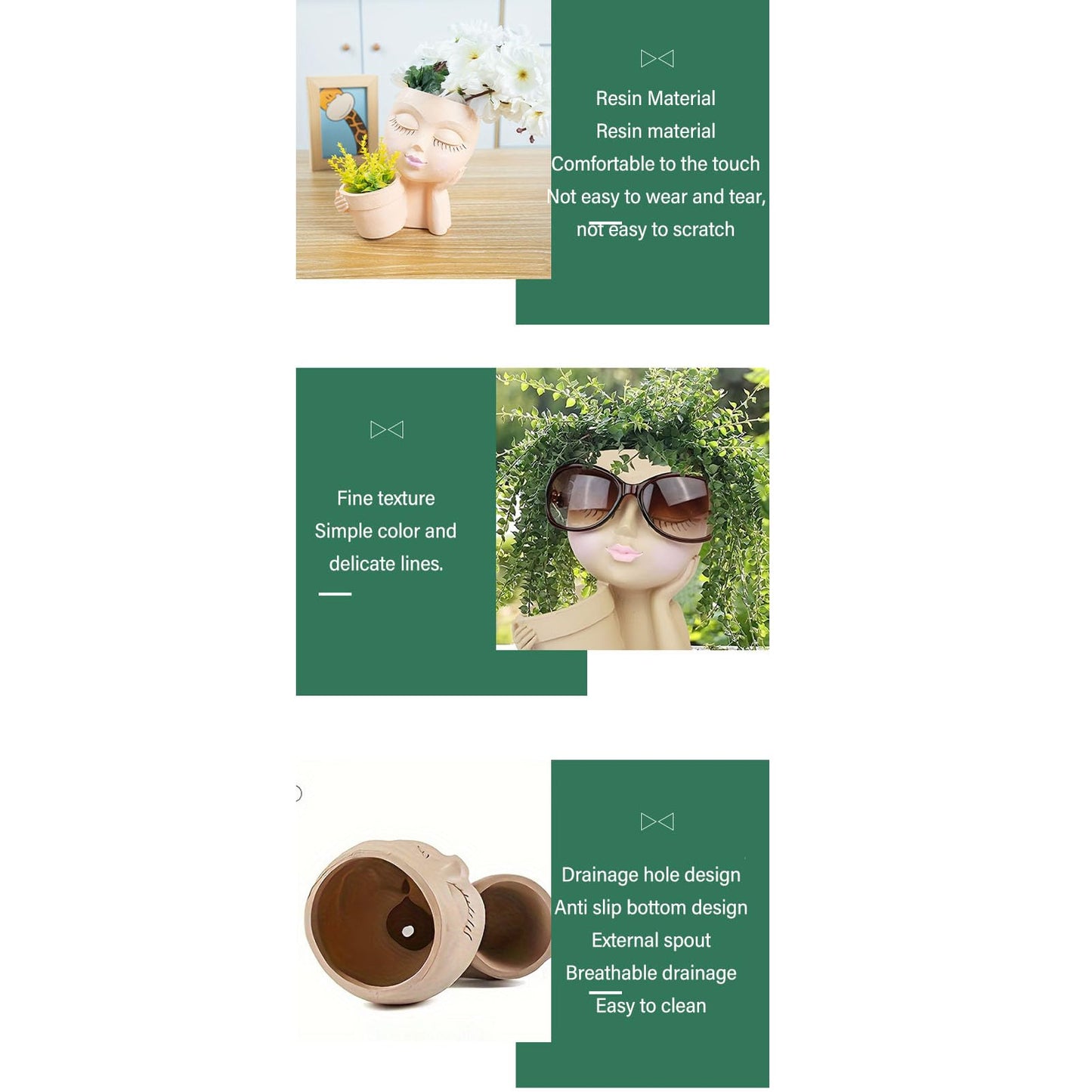 CDQL Face Resins Fade Proof Unique Planter Pot, Head Planter with Drainage Hole, Head Planter for Indoor Plants Decoration