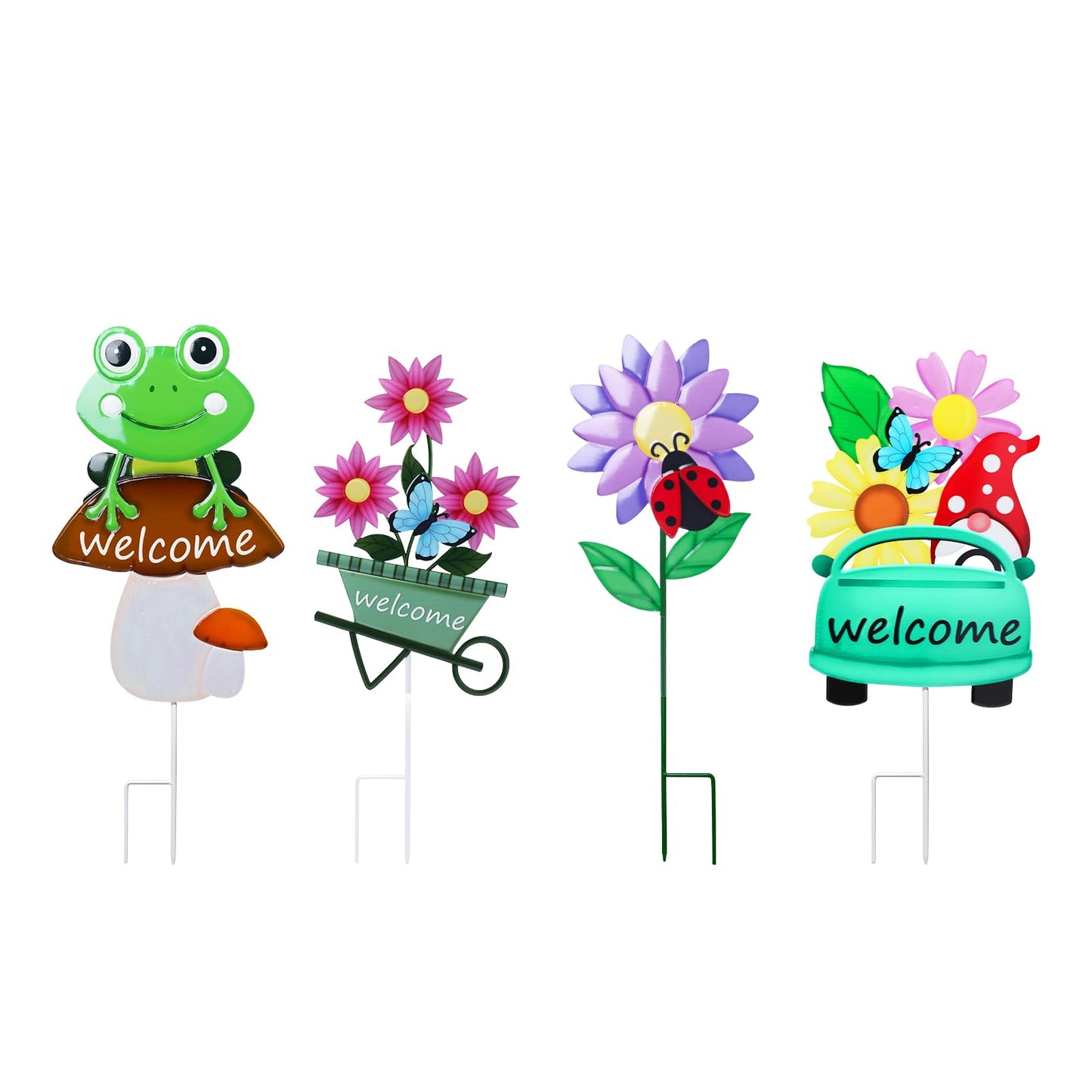 Welcome Decorative Garden Stakes, 4Pcs Flower Metal Yard Signs with Frog, Mushroom, Gnome, Butterfly and Ladybug, Garden Stakes for Spring Decor,Outdoor Lawn Yard Art Gift for Mom