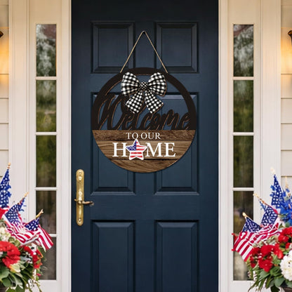 Interchangeable Seasonal Welcome to Our Home Hanging Sign - Farmhouse Front Door Decoration for Spring All Seasons Holidays - Rustic Round Wood Wreaths with 12 Icons(Brown)