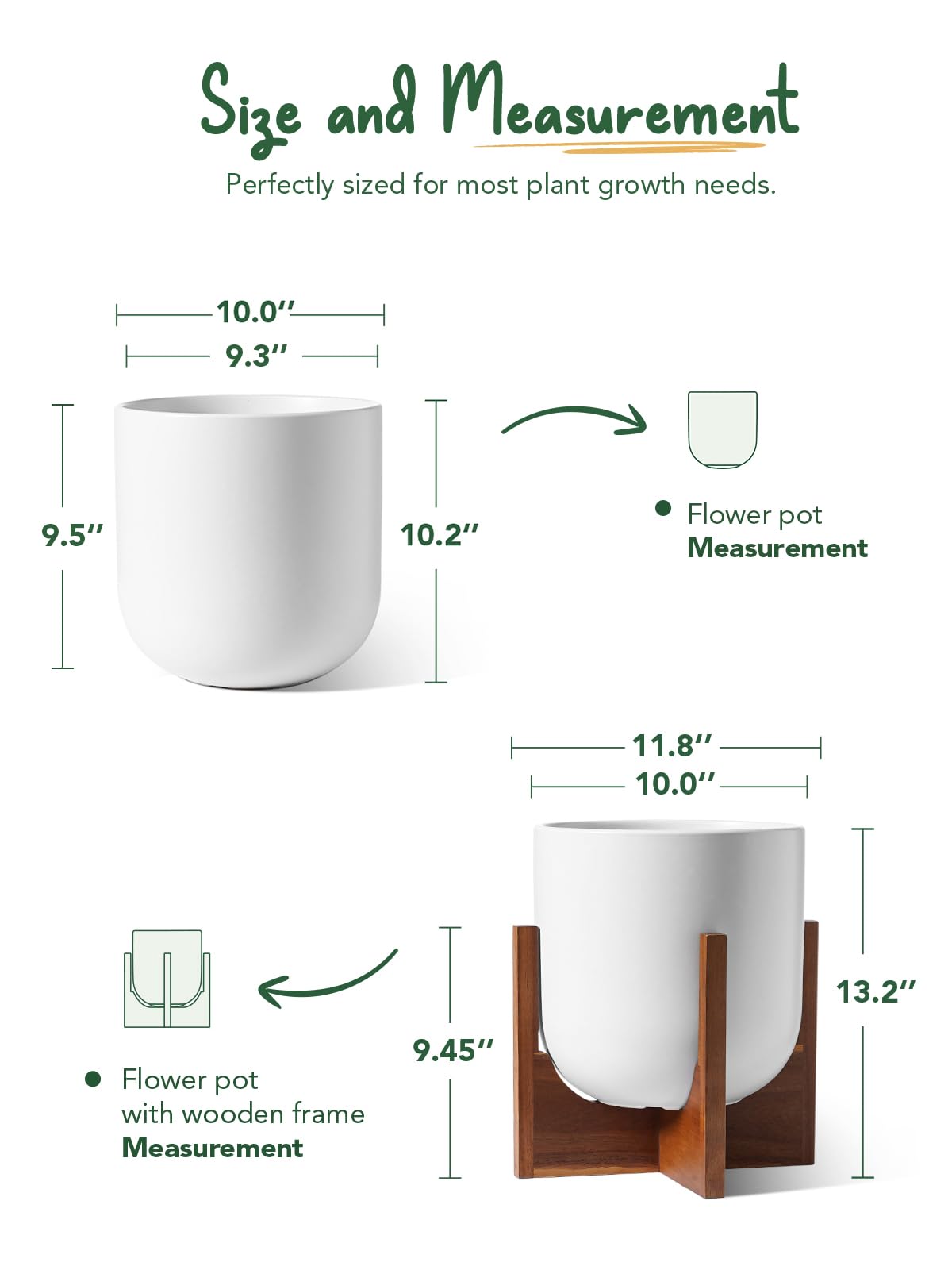 LE TAUCI 10 Inch Plant Pot with Acacia Wood Stand, Ceramic Planters for Indoor Plants, Unique Plant Pots Indoor for Home Decor, Mid-Century Modern Pots for Plants with Drainage Hole and Plug, White