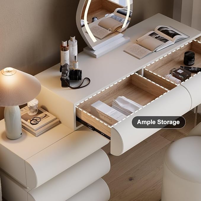 homary White 2-Piece Makeup Vanity & Smart Nightstand Set, Modern Vanity Table