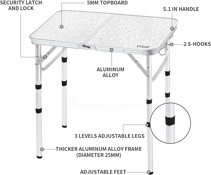 Yriuat Folding Camping Table 2ft Portable Picnic Table Adjustable Height Small