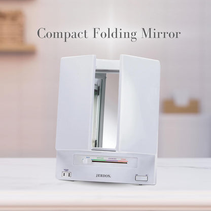 JERDON Tri-Fold Two-Sided Makeup Mirror with Lights - Vanity Mirror with 5X-1X Magnification & Multiple Light Settings - White - Model JGL9W