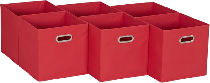 Household Essentials Foldable Fabric Storage Cubes 6-Pack – 11x11x11 Stackable Non-Woven Bins with Chipboard Sides & Grommet Handles – Closet, Shelf, Nursery, or Office Organizer – Regal Red