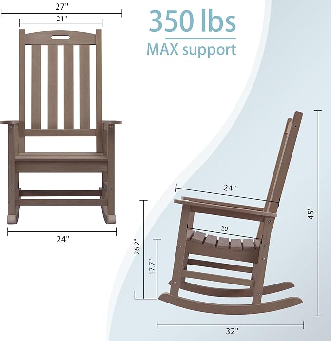 Psilvam Oversized Outdoor Rocking Chair, HDPE Porch Rocker Chairs