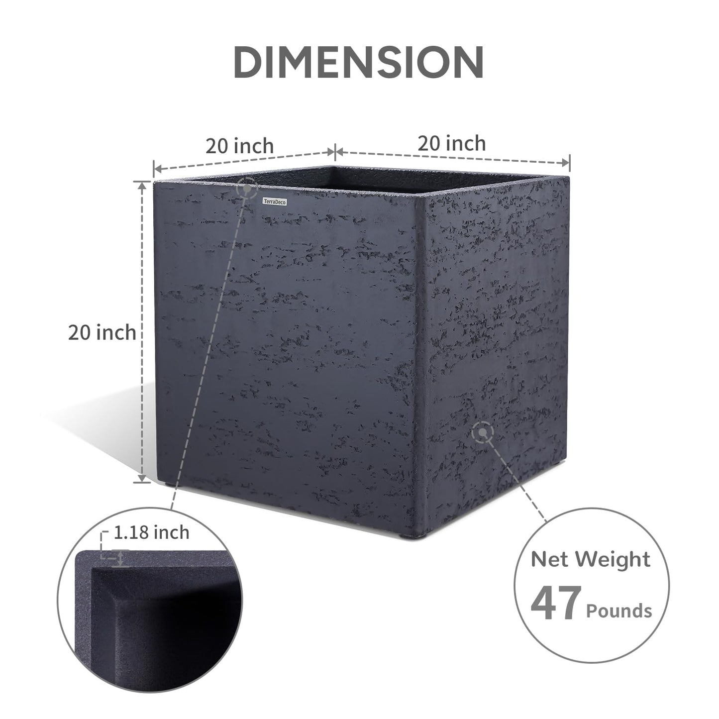 TerraDeco 20 Inch Square Concrete Planter（20Lx20Wx20H，48 Pounds）,Durable All-Weather Use with Drainage Holes,Large Square Planter for Outdoor Indoor Plants