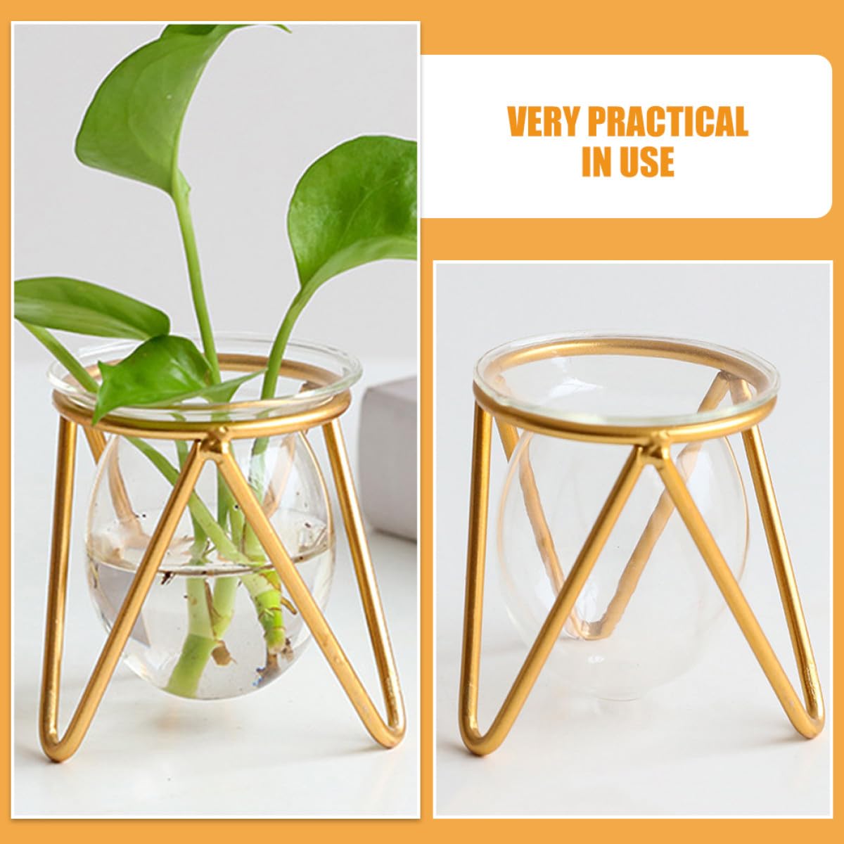 Homoyoyo Glass Planter with Gold Metal Stand, Decorative Hydroponic Vase Bulb for Desktop Plant Holder, Succulent Flower Arrangement Terrarium for Home and Office Décor