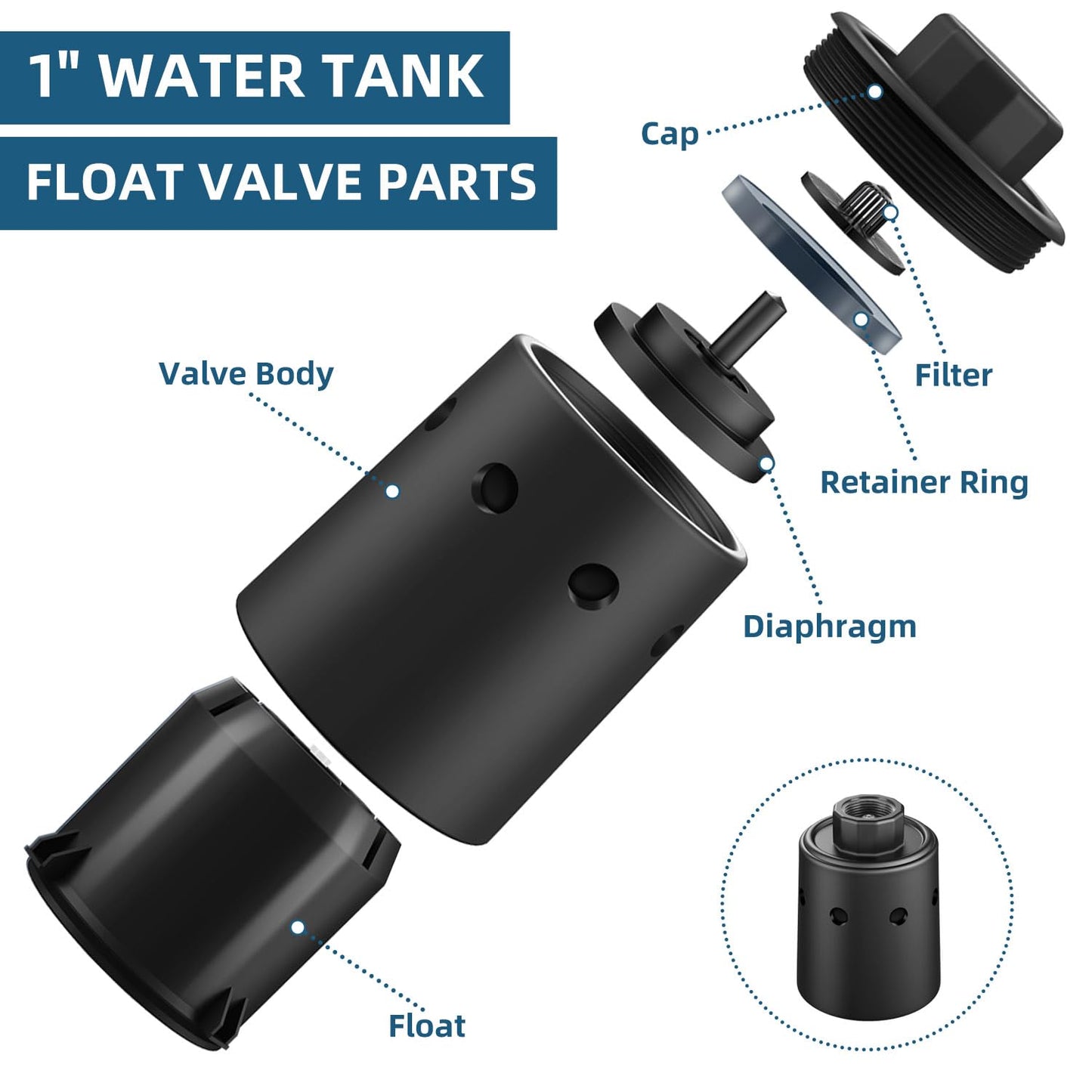 Water Tank Float Valve, Automatic Water Level Control FloatValve, WaterTrough Float Valve for Livestock, Pools, Ponds - Nylon Resin Black