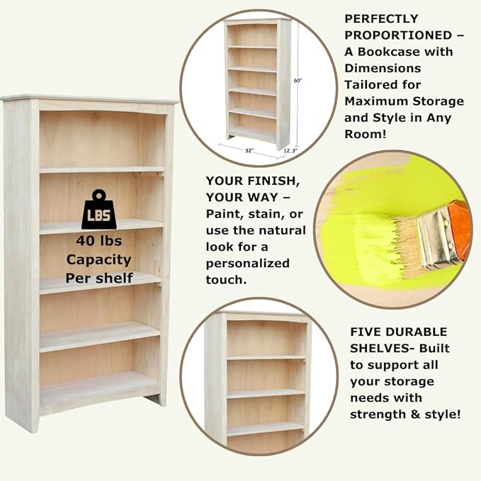 Solid Wood Bookcase 60" High Unfinished Parawood Shelves, Adjustable Storage