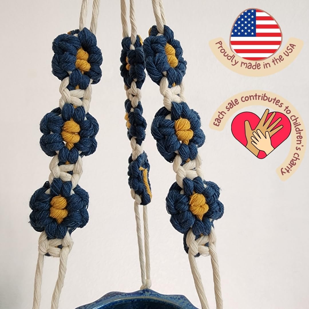 Macrame plant hanger with Daisies | Hanging plant holder | Macrame Plant hangers outdoor and indoor hanging planters Plant stand indoor Boho Decor hanging planter stand/plant shelf (Peacock Blue)