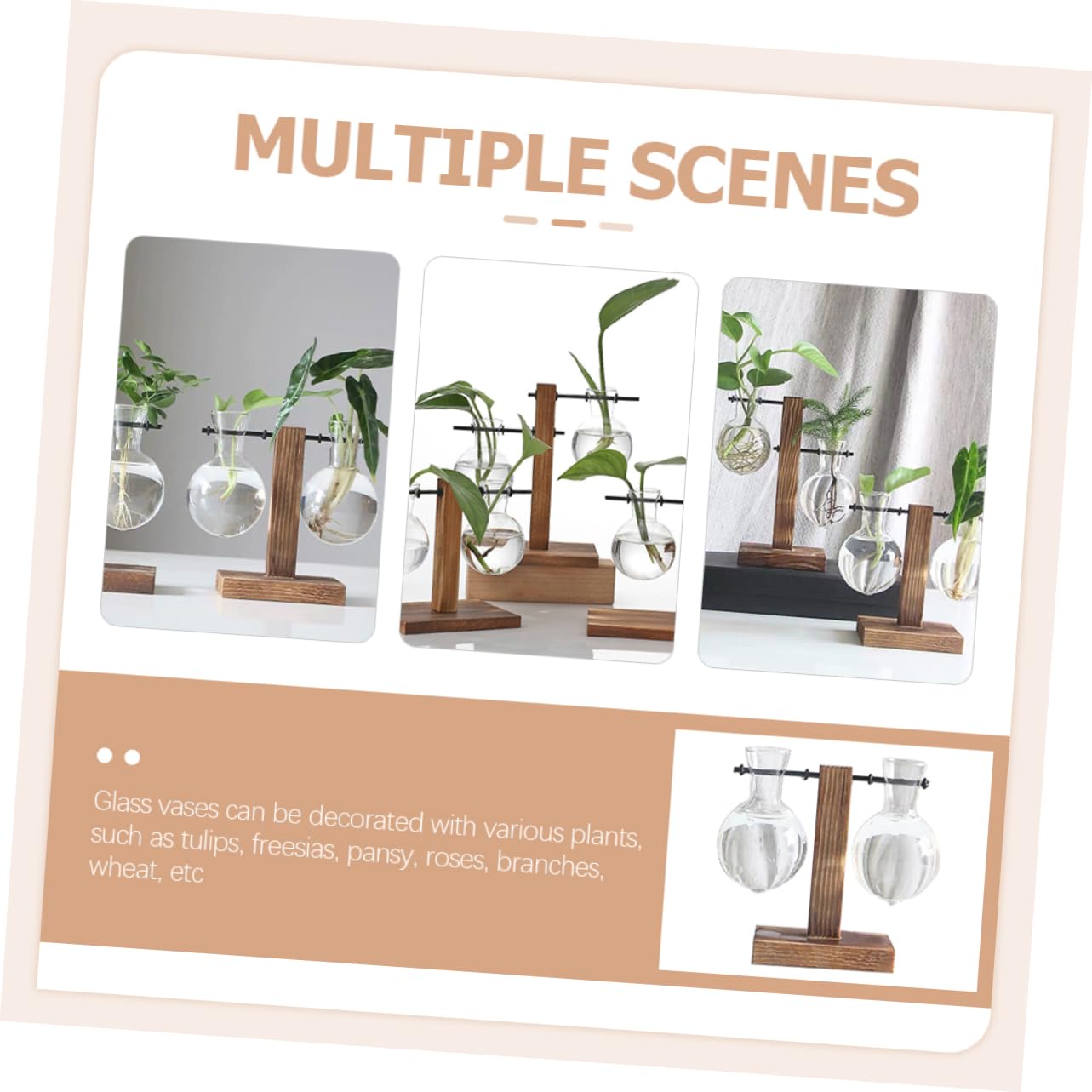 IWOWHERO 2pcs Elegant Hydroponic Plant Terrarium Stand Glass Vase Wooden Base Easy to Assemble for Home Office Decor