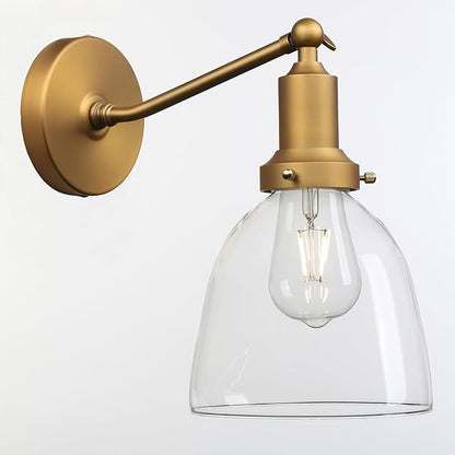 PERMO Industrial Vintage Slope Pole Wall Mount Single Sconce with 6.7" Oval Dome Clear Glass Shade Antique Gold Wall Sconce Light Fixture