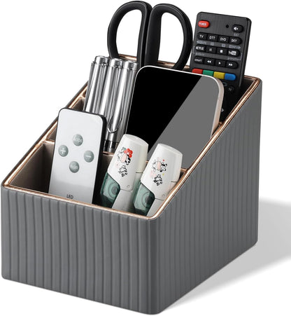 KINGFOM 3 Slot PU Leather Remote Controller Holder, Home Sundries Storage Box, TV Guide/Mail/CD Organizer/Caddy/Holder with Free Cable Desk Organizer (Grey)