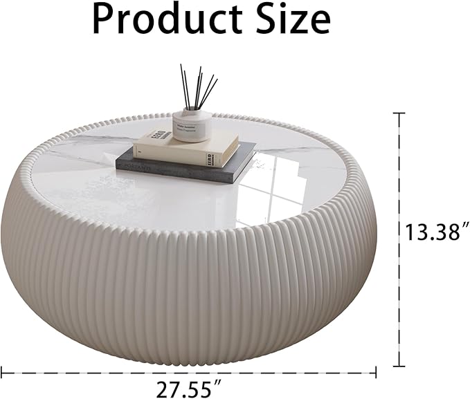 SSLine Round Drum Coffee Table Modern Sintered Stone Top Coffee Table in Cream