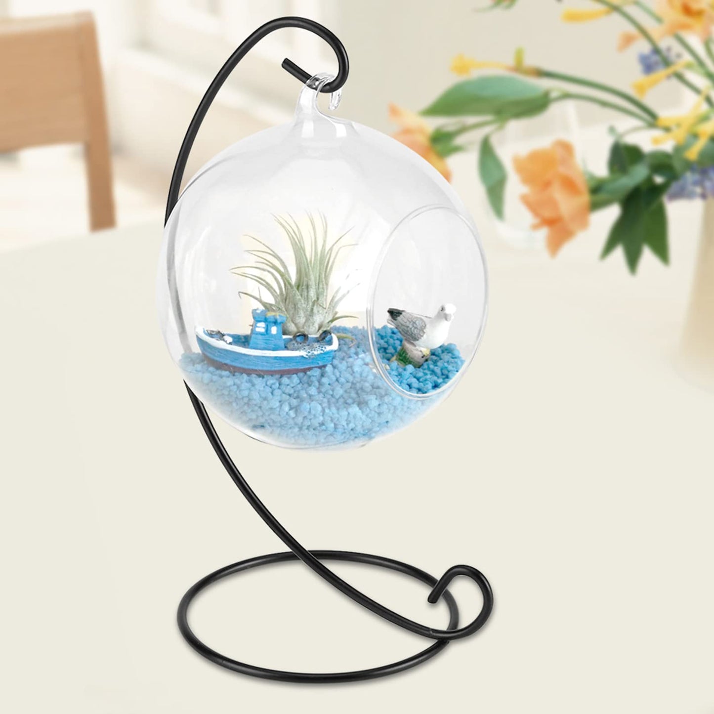 Hanging Glass Terrarium with Iron Stand, 4.7 Inch Ball Shape Planter for Succulents & Air Plants, Borosilicate Glass Planter for Indoor Plants, Hanging Terrarium Bowl for Home Desk Office Decor