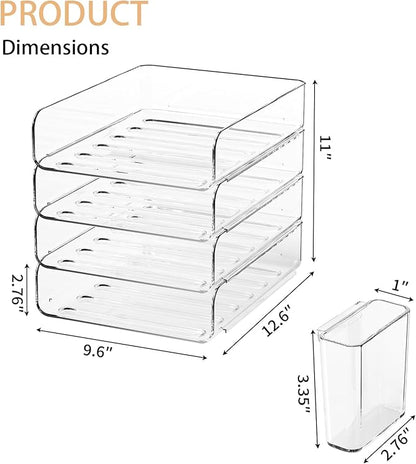 FANXIYQ 4-Tier Acrylic Paper Tray Organizer with Pen Holder | Clear Stackable Desk Organizer for Documents, Letters, A4 Paper | Modern Office/Classroom/Home Organization