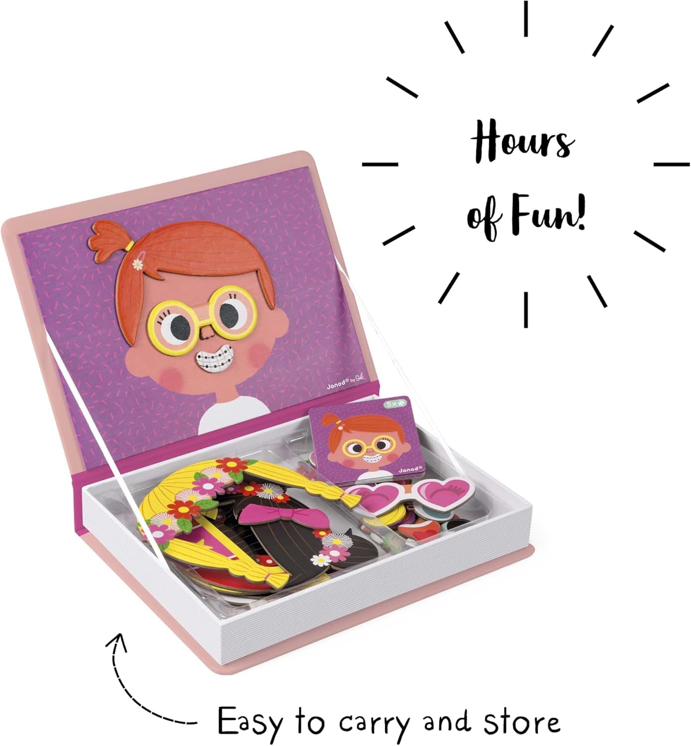 Janod MagnetiBook 66 pc Magnetic Girl Crazy Face Dress Up Game - Ages 3+ - Creative Play - Enhances Creativity and Learning - Includes 55 Magnetic Pieces and 10 Cards