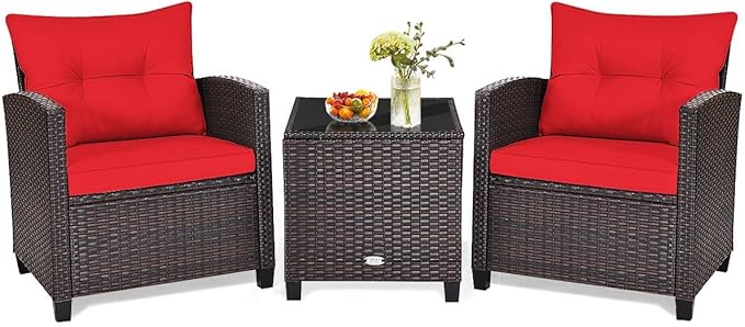 HAPPYGRILL 3 Pieces Patio Conversation Set, Outdoor Furniture Set PE Rattan