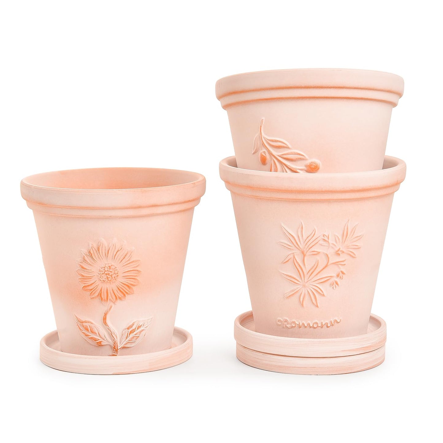 Sungmor Set of 3 Terra Cotta Pots with Saucer & Drainage Hole, 8 Inch Large & Deep Clay Pots, Unique Embossed & Pretty Color Pottery Planters for Plants Orchid Cactus Succulent