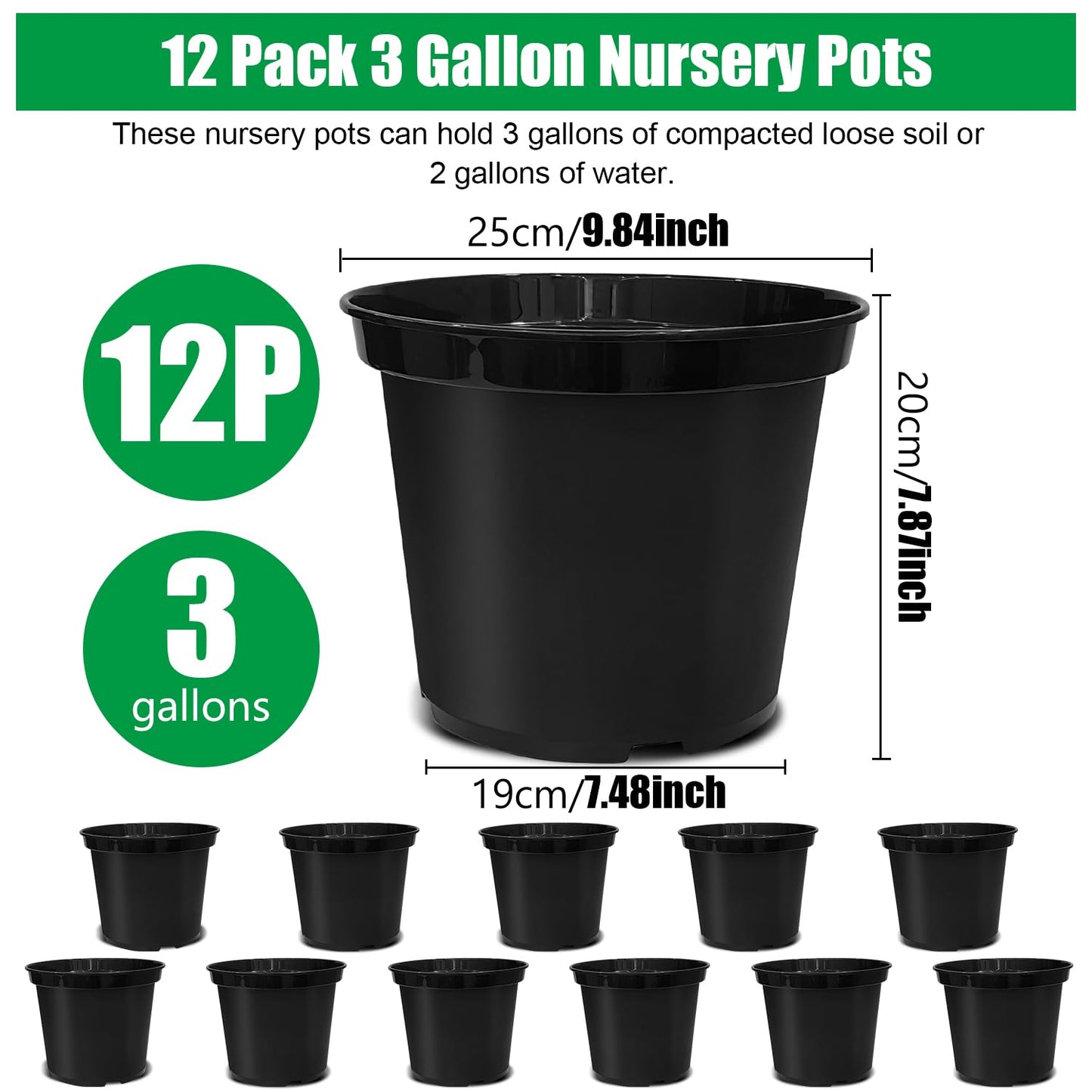 BTPLASTIK 3 Gallon Nursery Pots, 10 Inch Thickened Plant Pots with Drainage Holes, Plastic Round Planter for Outdoor Indoor Plants (12-Pack, Black)