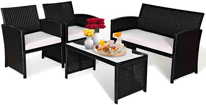 Tangkula Patio Wicker Conversation Furniture Set, Patiojoy Sofa & Table Set w/4