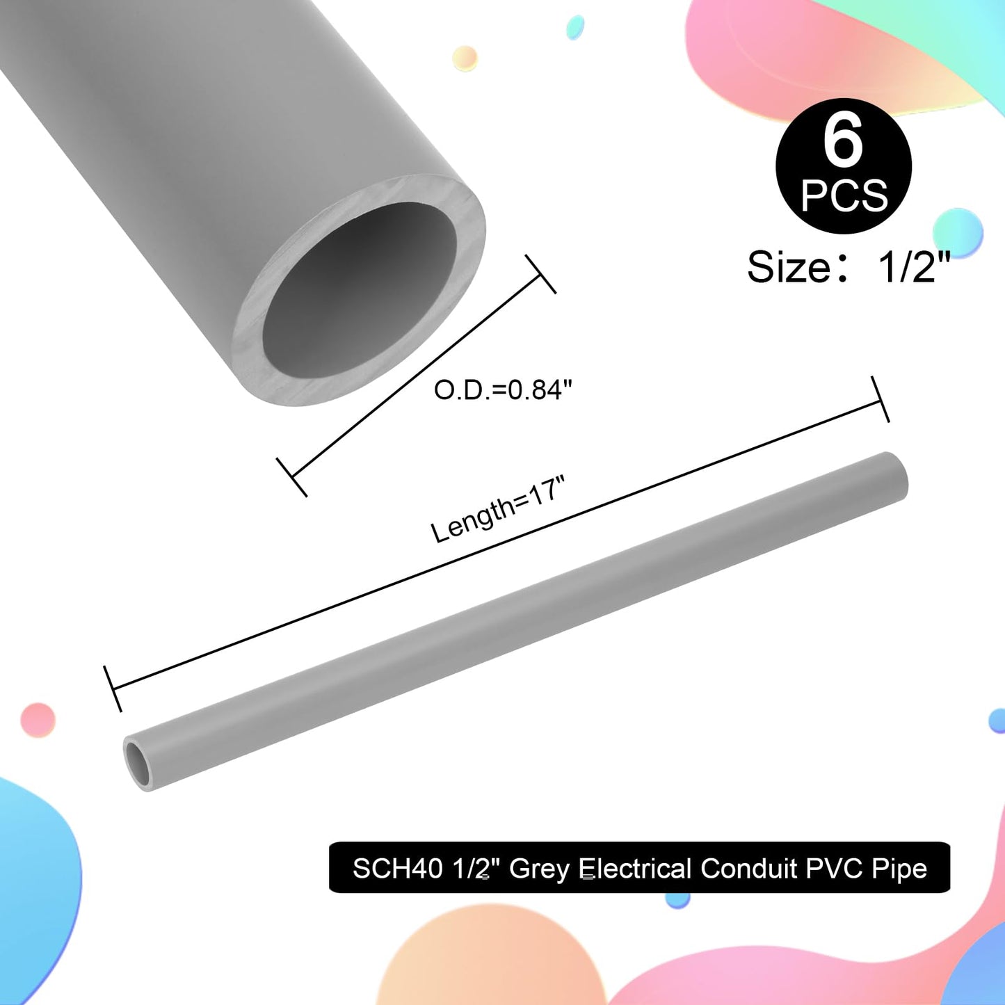 CKVIHAV 6Pcs 1/2 Inch Grey Electrical Conduit PVC Pipe 17" Long Sch40 PVC Rigid Tube Round Pipes Hardware Tubing for Home DIY Electrical Wiring Installation, Garden, Farm, Workshop,(0.50" x 17"L)