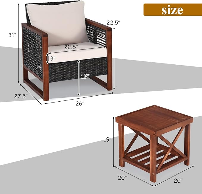 Tangkula 3 Pieces Patio Wicker Furniture Set, Rattan Outdoor Sofa Set