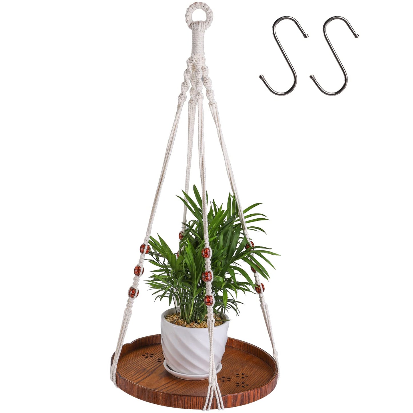 Hedume Macrame Plant Hanger with 2 Pack Ceiling Hooks, Indoor Outdoor Hanging Plant Holder with Large Tray for Succulents, Cacti, Small Plants, Boho Bohemian Home Decor with Wood Beads