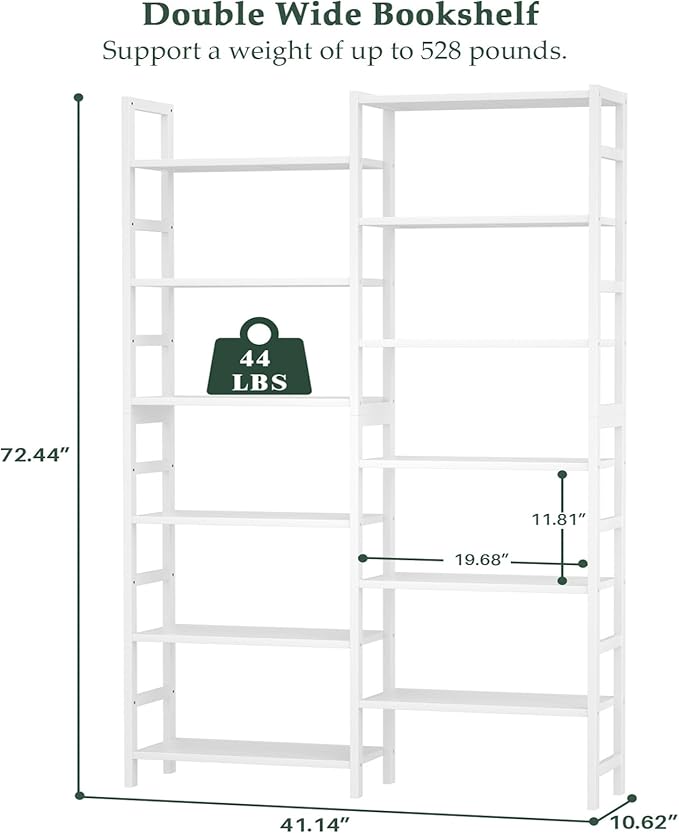 Homykic Double Wide Bamboo Bookshelf White, 6-Tier Large Open Bookcase