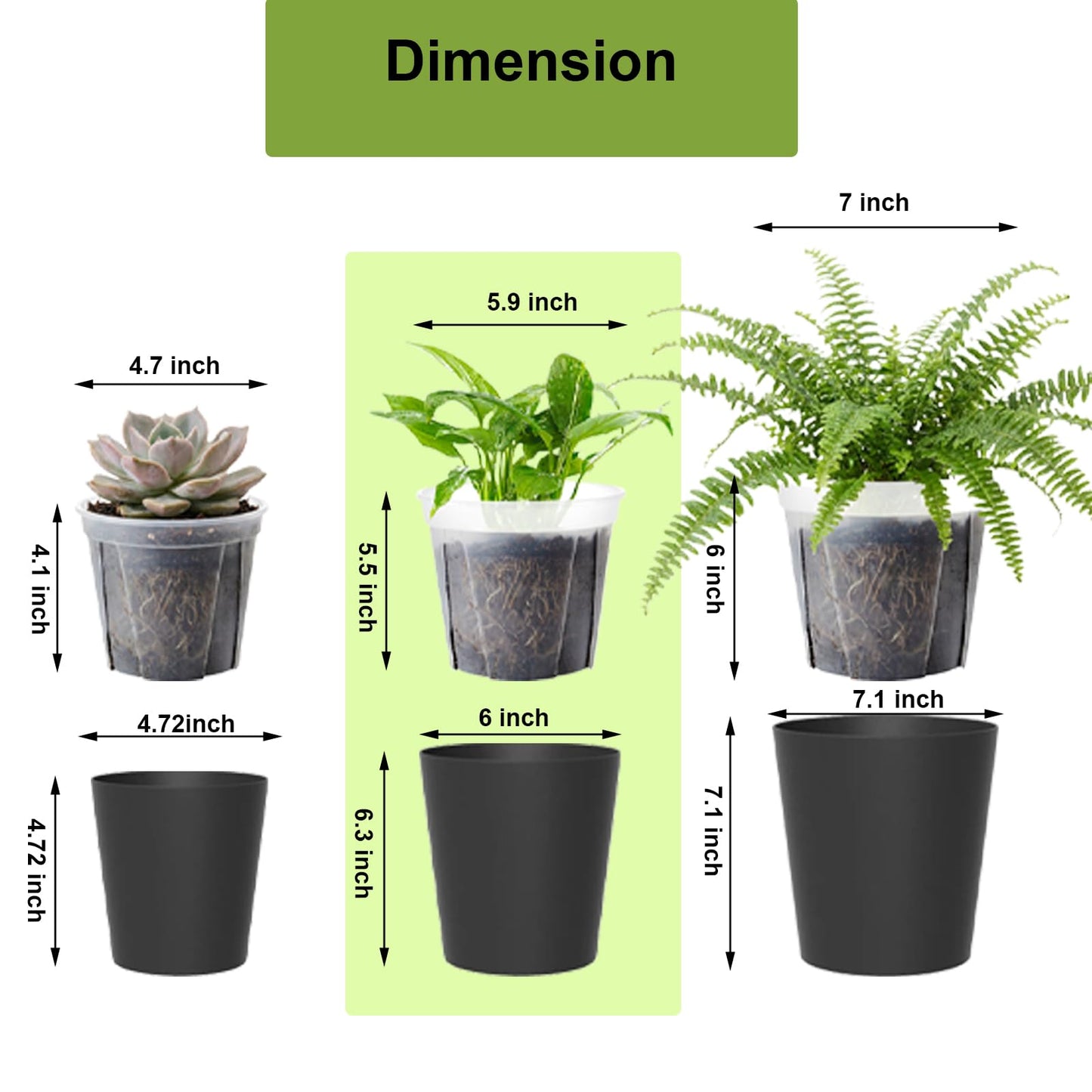TineDew 3 Pack of 6in Plastic Cachepot with 6 inch Clear nusery Pot - self Watering Indoor Planter with Drainage for Root Visibility,semi Hydro pots for repotting Orchids,Aroid or Monstera,Black
