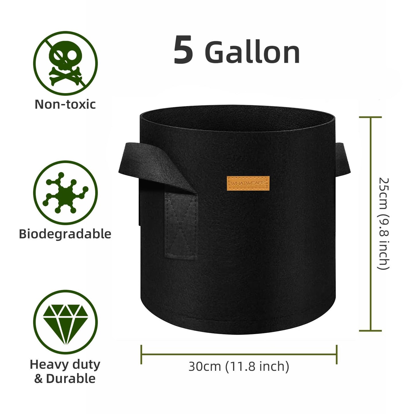 WHATWEARS 12-Pack 5 Gallon Plant Grow Bags, Thickened Nonwoven Fabric Pots with Handles, Vegetable Planter Bags Containers, Cloth Planters for Garden Vegetable/Flower/Plant/Fruits Outdoor (Black)